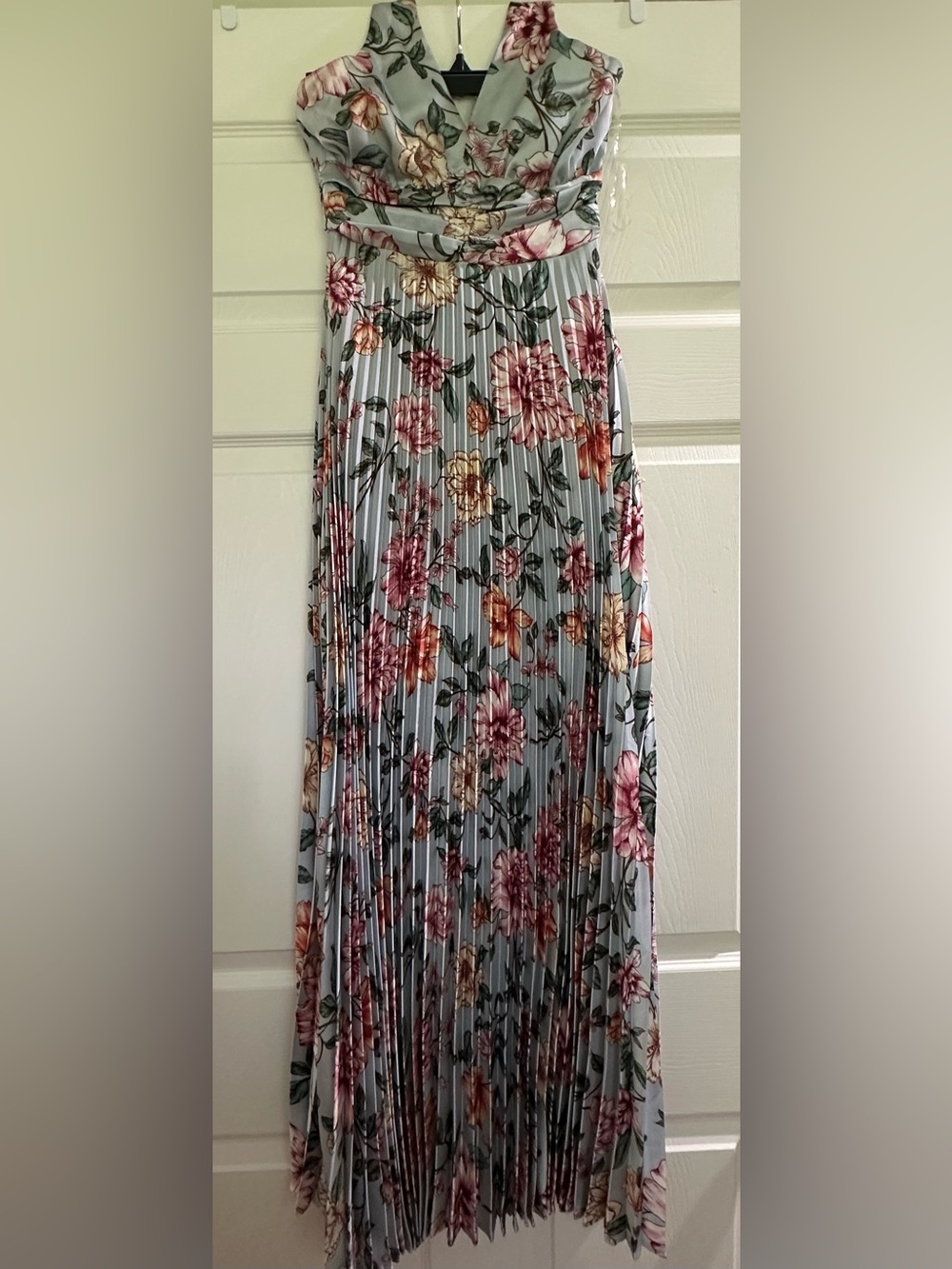Jessica Simpson Light Blue Pleated Maxi Dress with Pink & Yellow Floral Print
